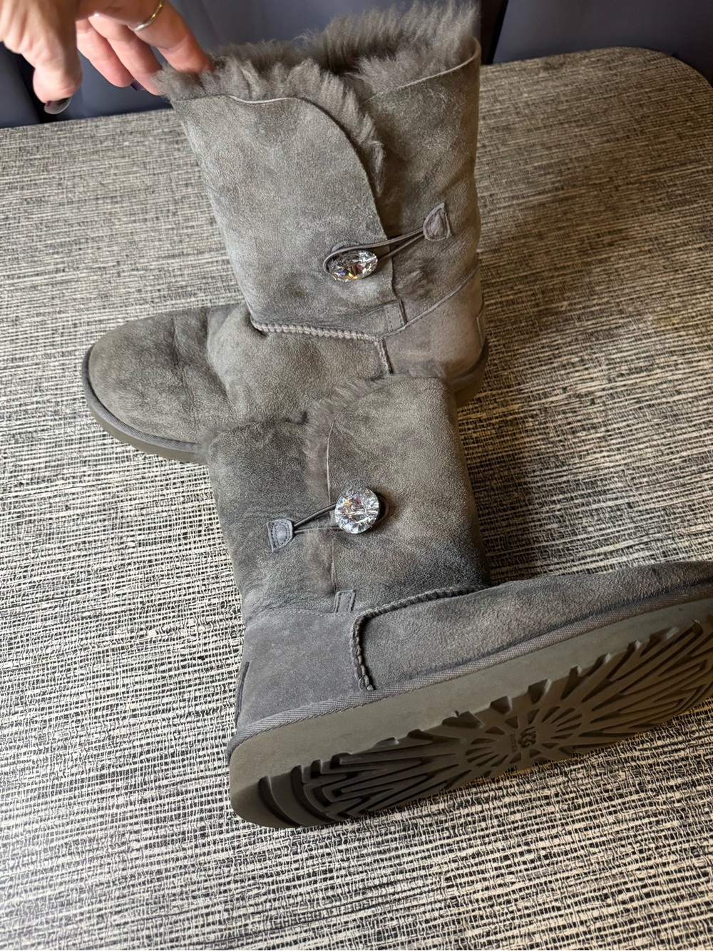 UGG Gray Suede Mid-Calf Boots with Crystal Button
